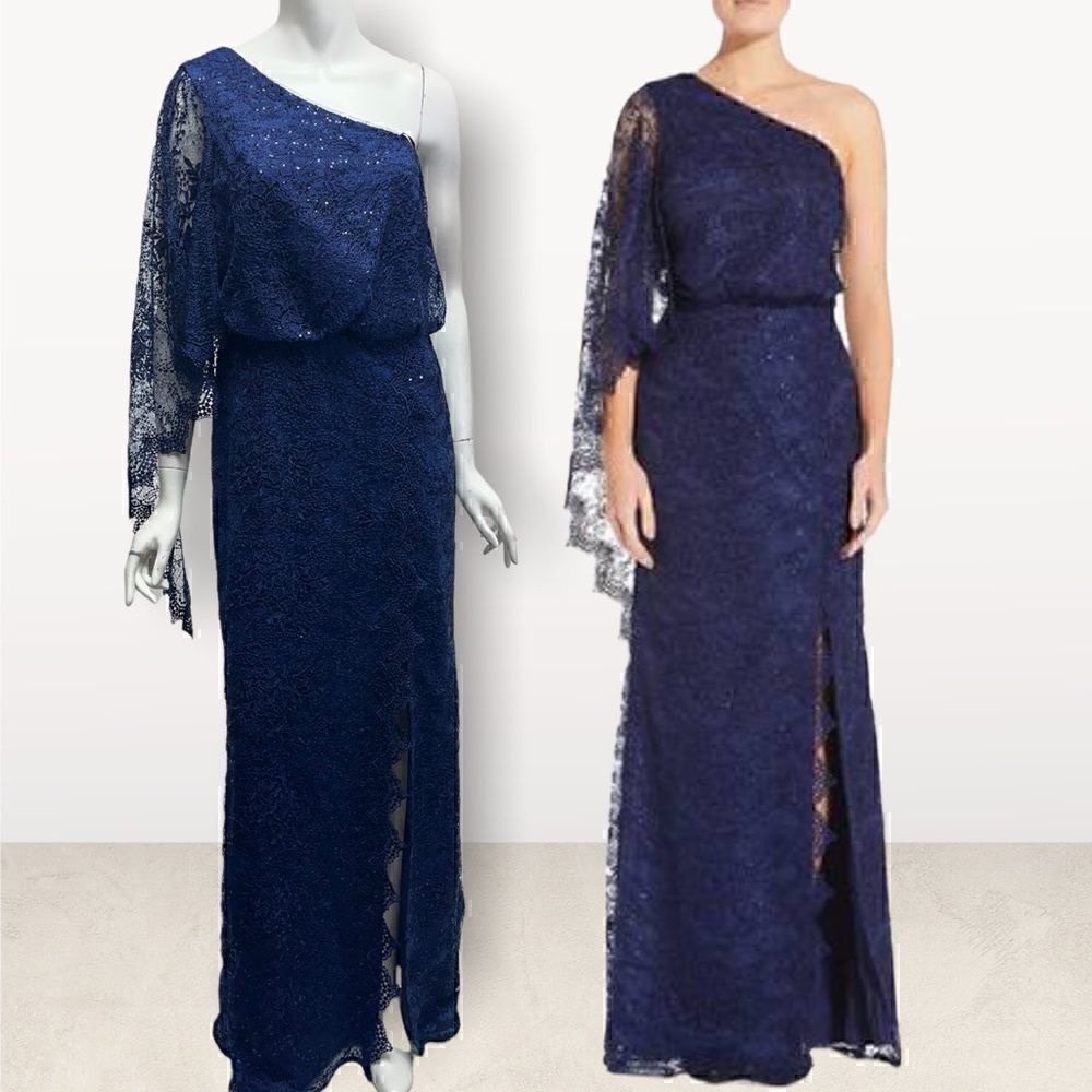 Aidan Mattox Asymmetrical Top Navy Gown‎